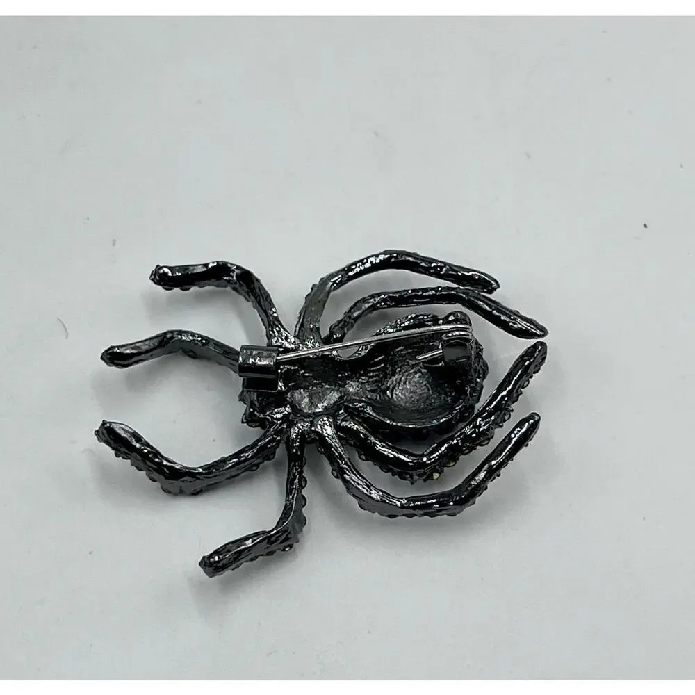 Silver Tone‎ Black Glass Crystal Spider Scary Halloween Bug Brooch Pin